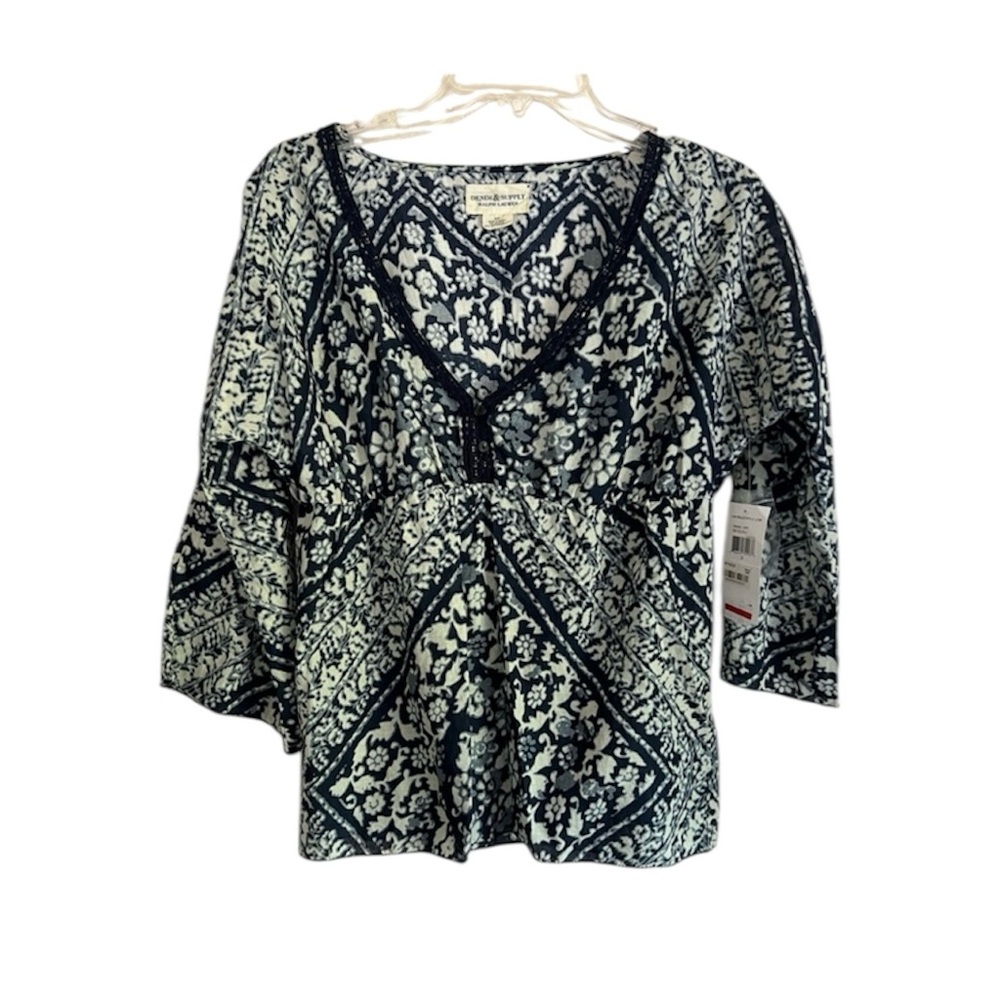 NWT Denim & Supply Ralph Lauren Navy Blue Shirt V-Neckline Floral
